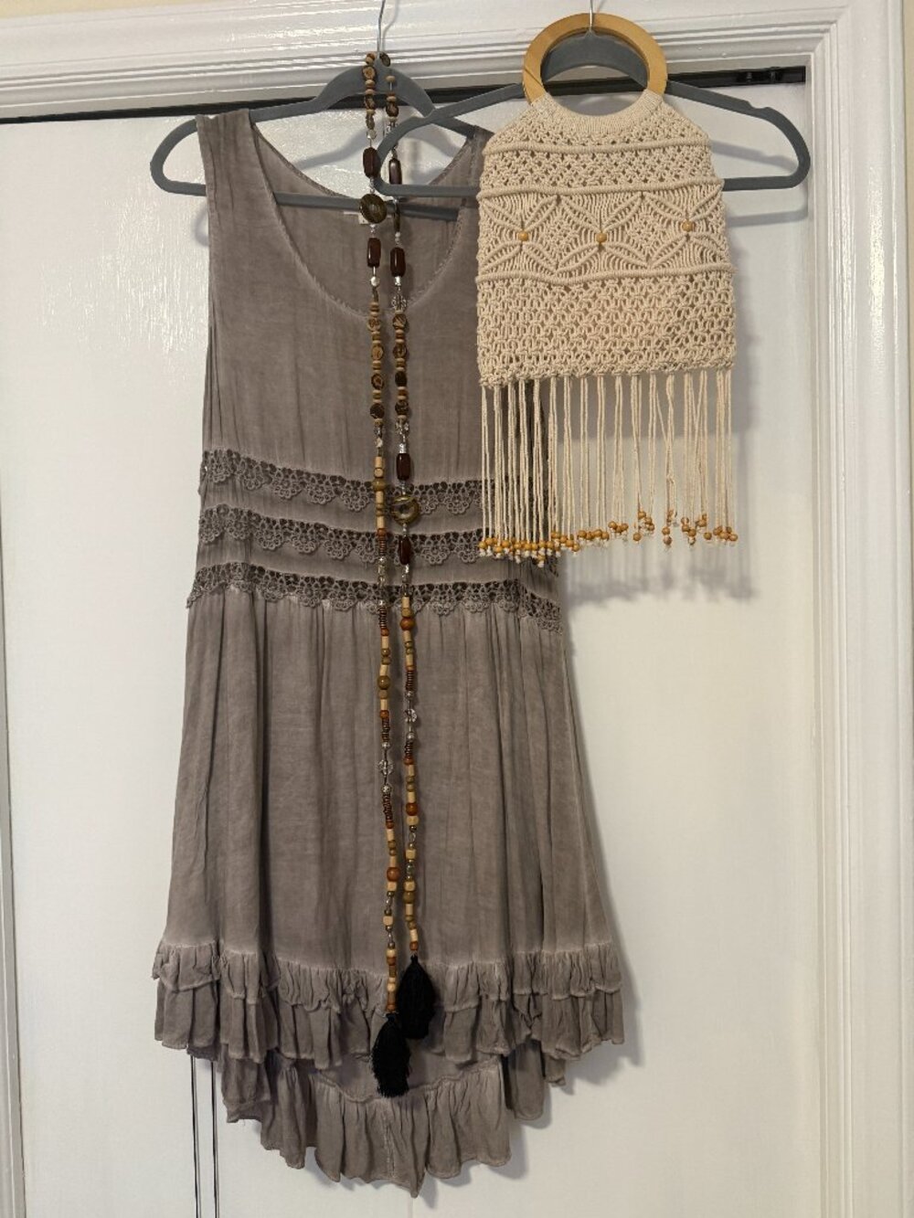 entro Gray Tiered Crochet Trim Sleeveless Dress